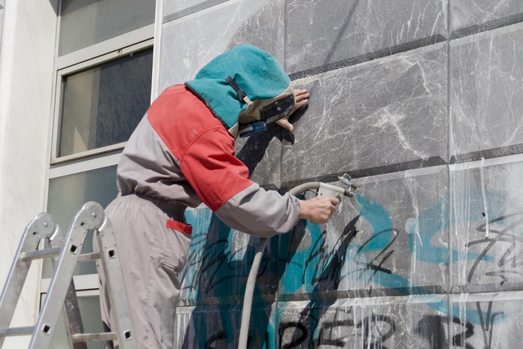 Mann entfernt in Schutzkleidung Graffiti